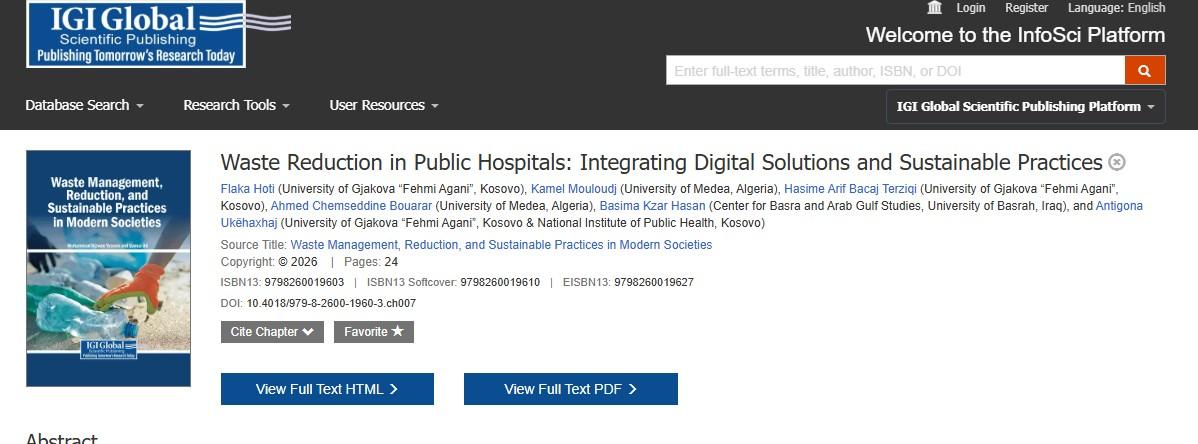 SCOPUS publikon kapitullin shkencor të autorëve nga UFAGJ dhe bashkëautorëve ndërkombëtarë